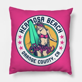 Retro Surfer Babe Badge Hermosa Beach Orange County California Pillow