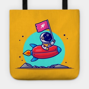 Cute Astronaut Holding Flag With Riding Rocket in Space Cartoon Vector Icon Illustration Tote