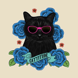 Cattitude cat with pink sunglasses and flowers T-Shirt