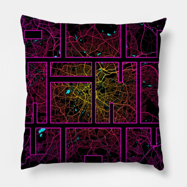 Birmingham, England City Map Typography - Neon Pillow by deMAP Studio