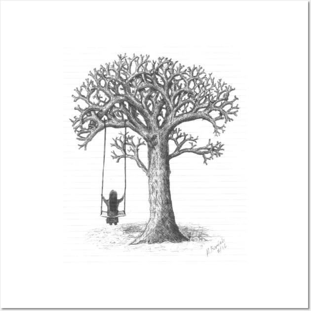 tree and swing, drawing black and white