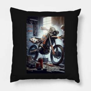 Dirt bike in a shop CGI style - orange Pillow