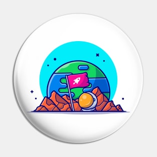 Standing Flag on Planet with Astronaut Helmet Space Cartoon Vector Icon Illustration Pin
