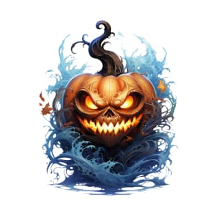 A terrifying Halloween jack-o-lantern emerges from a wave of ectoplasm. T-Shirt