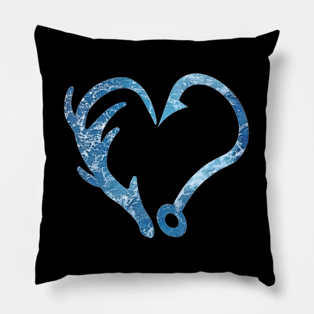 Fishing and Hunting - Deer Antler & Fishing Hook Heart Pillow by Trade Theory