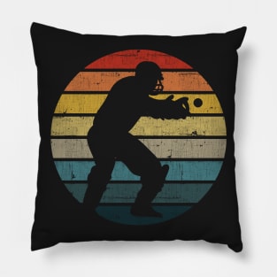 Cricket Player Silhouette On A Distressed Retro Sunset print Pillow