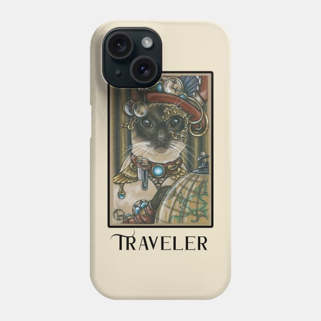 Steampunk Cat Traveler - Siamese Cat - Black Lettering Version Phone Case by Nat Ewert Art