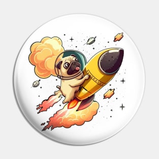 pug flying into space with a rocket Pin