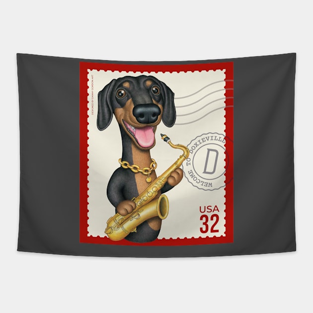 Funny Doxie playing Sax on vintage postage stamp Tapestry by Danny Gordon Art