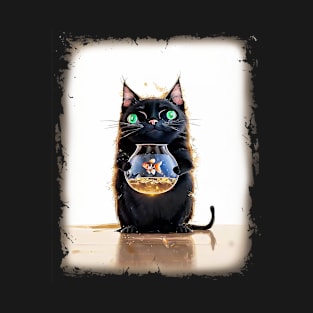 Black Cat Holding a Goldfish in a Fish Bowl T-Shirt