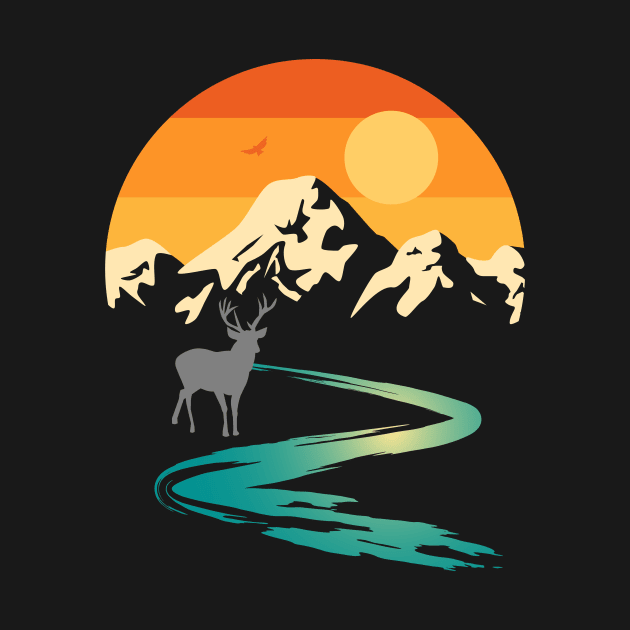 Sunset Mountain Stream with Deer by Dragonbudgie