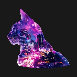 Cat and city double exposure effect T-Shirt