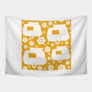 Daisy Polka Dot Vintage Caravan Pattern in Mustard Yellow and White Tapestry