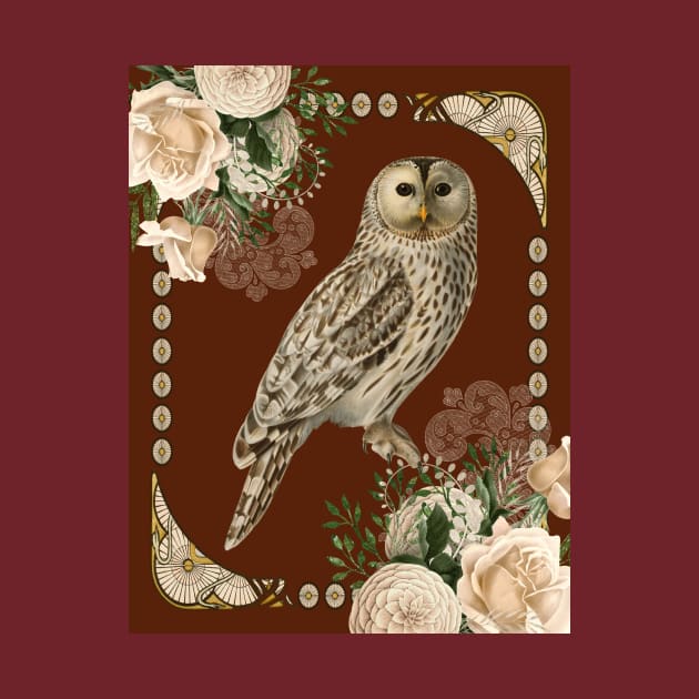 Barn Owl with Ivory Roses in Art Nouveau Influence by allthumbs