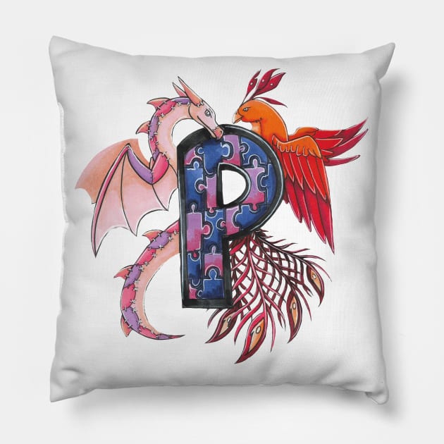 Phoenix and patchy dragon Pillow by BeksSketches