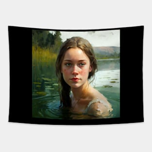 Girl swimming in the lake Tapestry