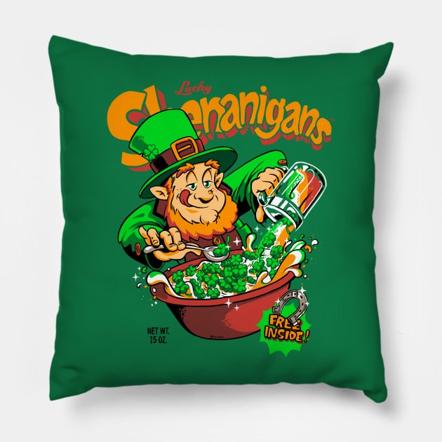 Shenanigans Lucky Leprechaun Retro Cereal Box St. Patrick's Day Pillow by vo_maria