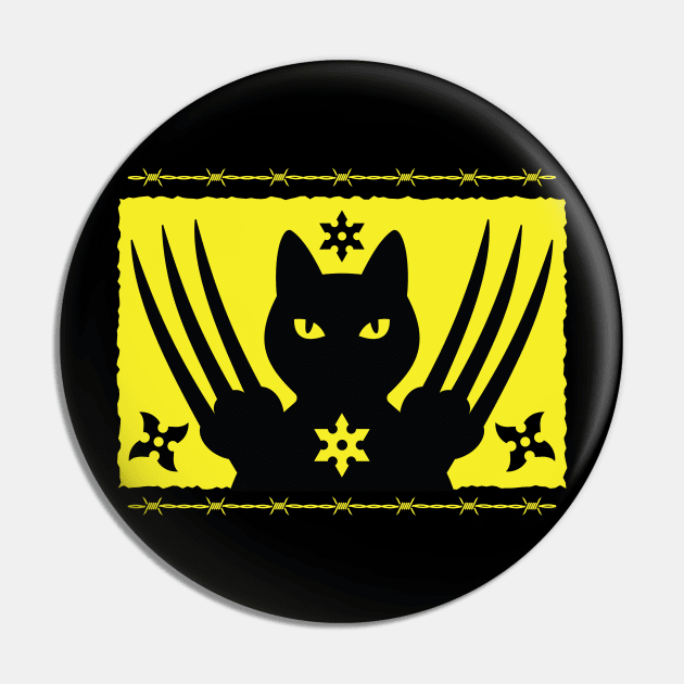 BLACK NINJA SAMURAI CAT WITH LONG SHARP CLAWS AND SHURIKENS T-Shirt Pin by Cat In Orbit ®