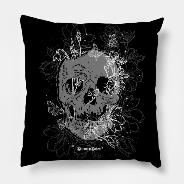 Blooms and Bones - A Spring Symphony of Skeletons, Flowers and Butterflies Pillow by SSINAMOON COVEN