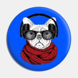 Dog in glasses, winter scarf and with headphones Pin