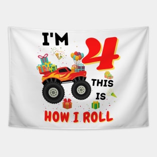 I'm 4 This Is How I Roll, 4 Year Old Boy Or Girl Monster Truck Gift Tapestry