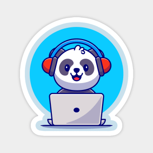 Cute Panda Listening Music With Headphone And Laptop Cartoon Magnet