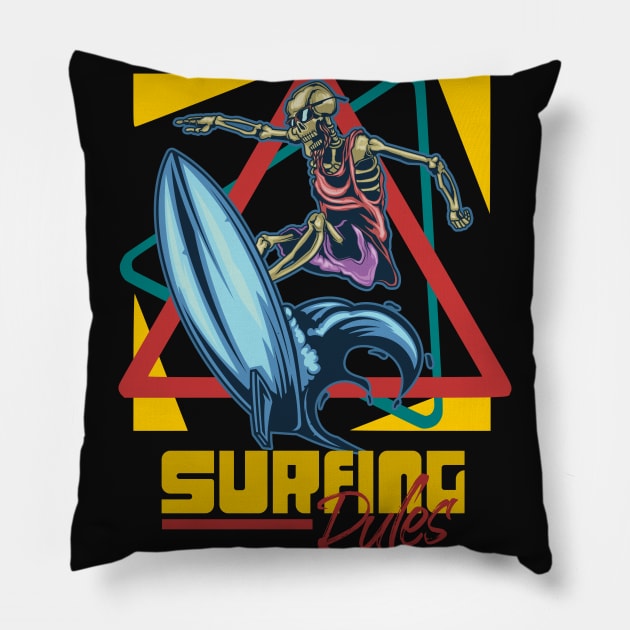 Surfing Rules skull surfer vintage retro Pillow by SpaceWiz95