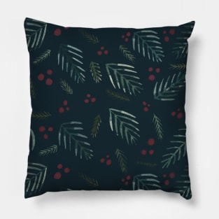 Christmas tree branches and berries - teal Pillow