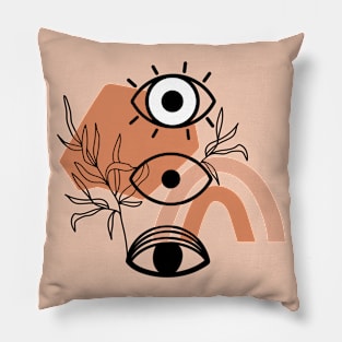 Psychedelic eyes, abstract shapes and leaves. Pillow