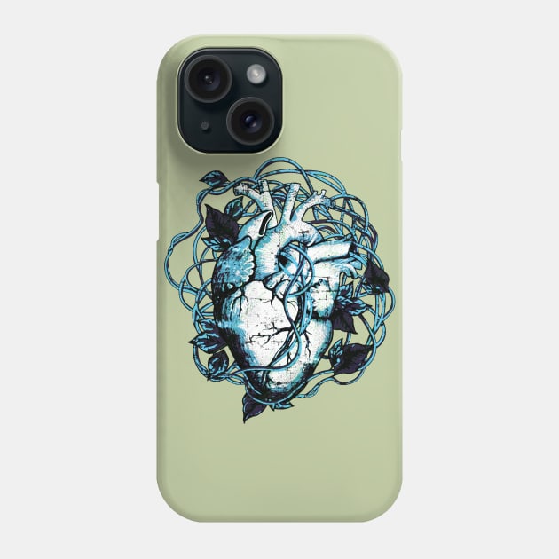 Blue, Human heart and climbing plant, nature and garden lovers, Anatomy illustration art Phone Case by Collagedream