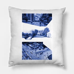 the blue urban city in ecopop collage art Pillow