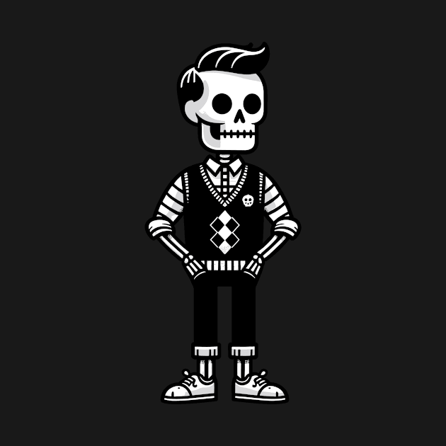 Minimalist Preppy Skeleton - Black and White Cartoon by Quirk Print Studios 