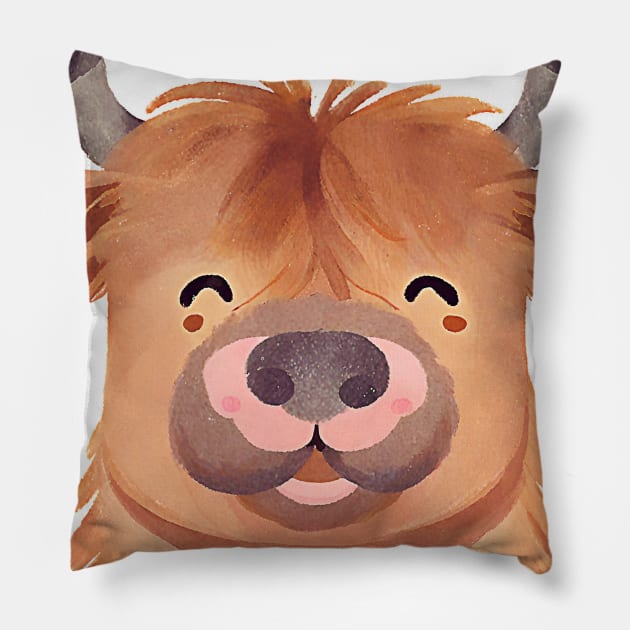 Cute Highland Cow Smiling Watercolor Painting Pillow by Art-Jiyuu