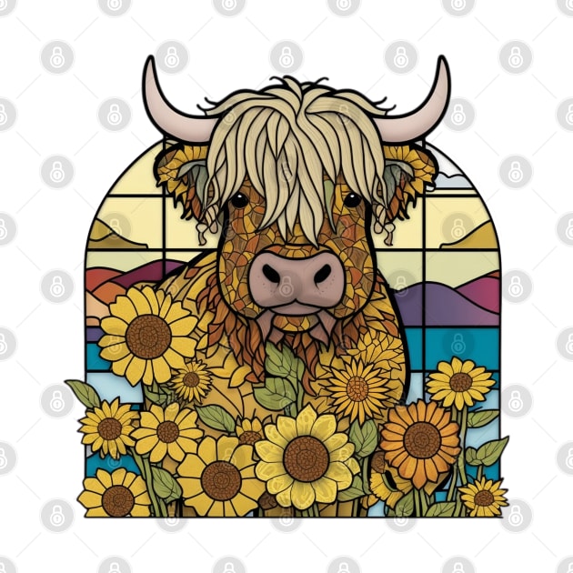 Sunflower Stained Glass Highland Cow #5 by Chromatic Fusion Studio