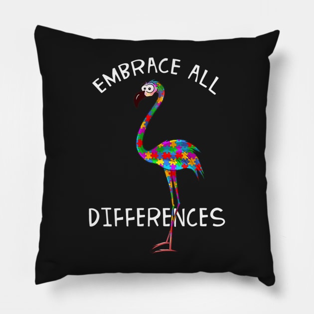 Embrace Differences Puzzle Flamingo Autism Awareness Pillow by ShariLambert