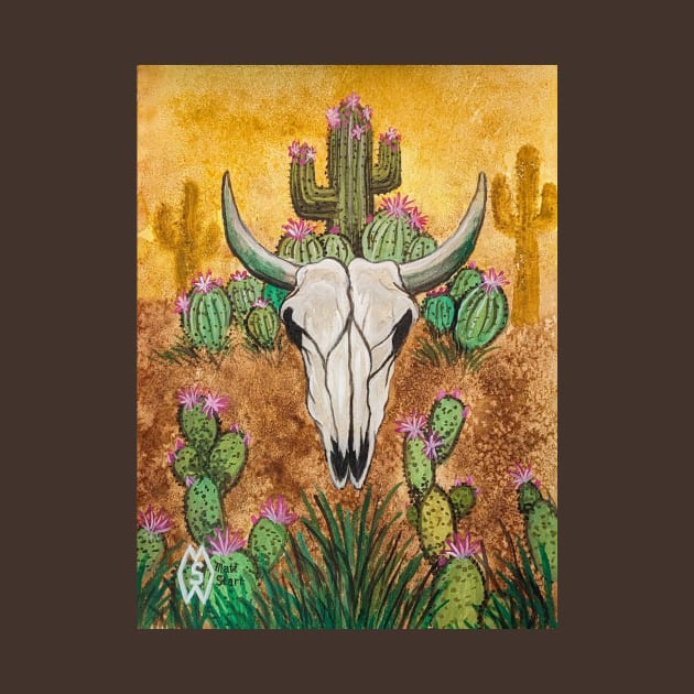 Bull skull with desert cactus by Matt Starr Fine Art