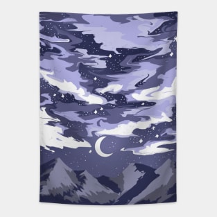 Purple cloudy sky above mountains with a crescent moon Tapestry