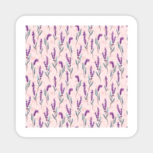 Watercolor and Ink Purple Lavender Flowers and Leaves on Pink Terrazzo Background Magnet