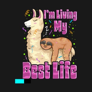 Cute Sloth & Llama Living My Best Life Napping Pun T-Shirt