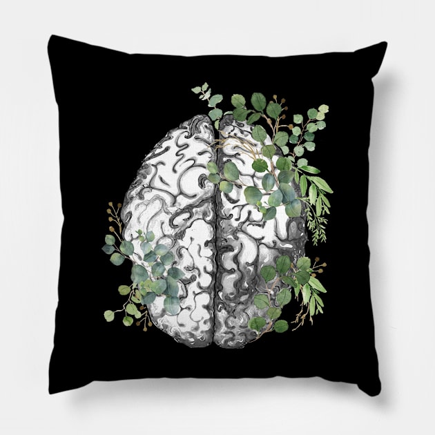 Brain human anatomy,Floral, eucalyptus leaves, mental, watercolor Pillow by Collagedream