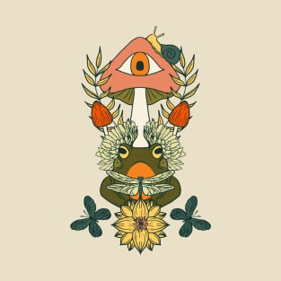 Retro Toadstool Psychedelic Frogs, Surreal Mushrooms, and Blooms T-Shirt