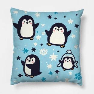 Kawaii Penguins With Winter Snowflakes Seamless Pattern For Christmas Time Pillow