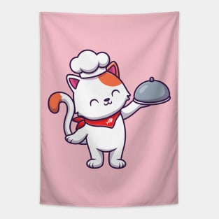 Cute Cat Chef Holding Cloche Tapestry