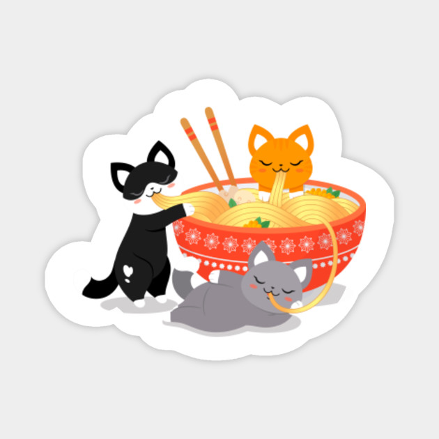 Cats Eating Japanese Ramen Noodle Soup Foodie Illustration