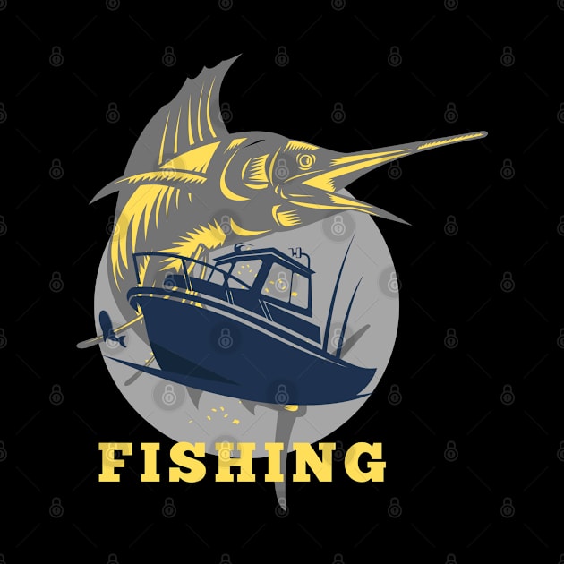 marlin fishing and boat yellow by lmdesignco