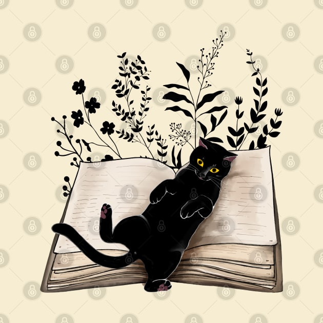 Cat reading a book, watercolor style, flowers growing from book, cats end books lovers lover by Collagedream