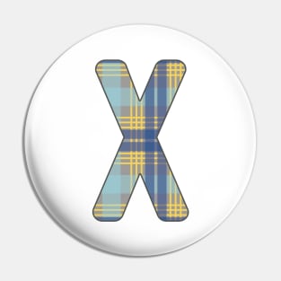 Monogram Letter X, Blue, Yellow and Grey Scottish Tartan Style Typography Design Pin