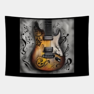 An abstract image of a guitar with musical symbols Tapestry