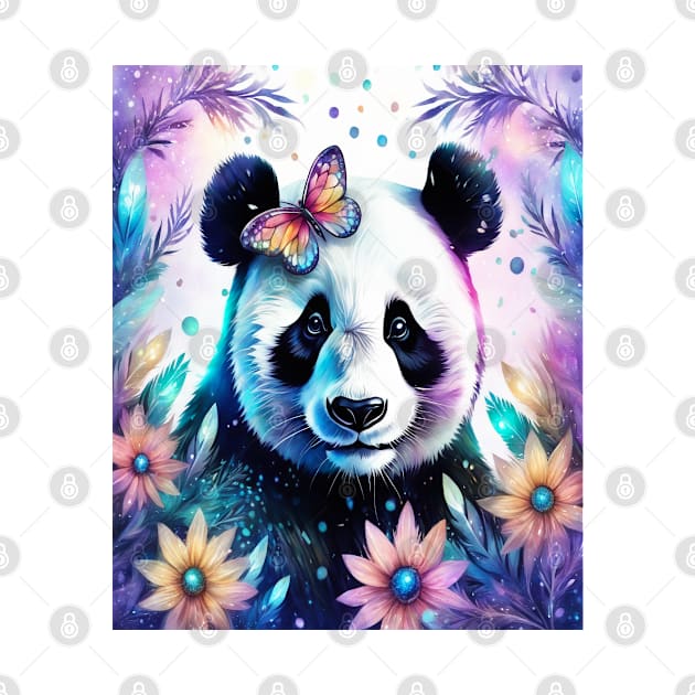 Fantasy, Watercolor, Panda Bear With Flowers and Butterflies by BirdsnStuff