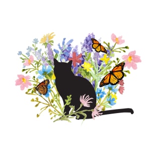 Flower Garden Kitty Cat Butterflies T-Shirt